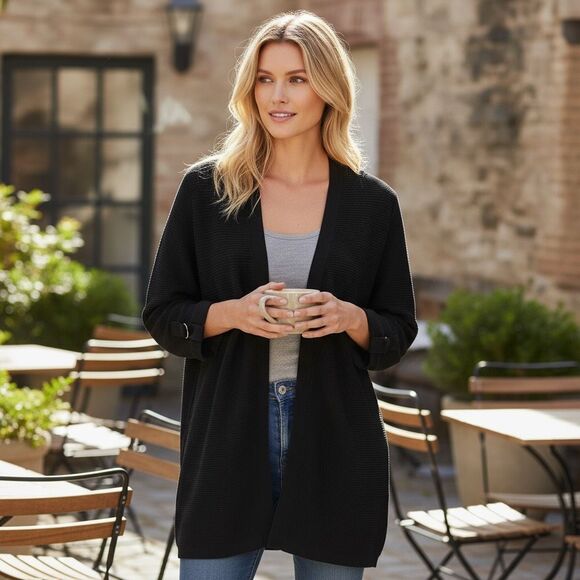 Chico’s Black Ribbed Open Front Cardigan Sweater Size Medium - Picture 1 of 6